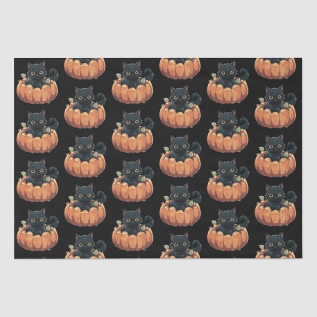 Cute Black Cat in a Pumpkin Pattern Halloween Tissue Paper (Front)