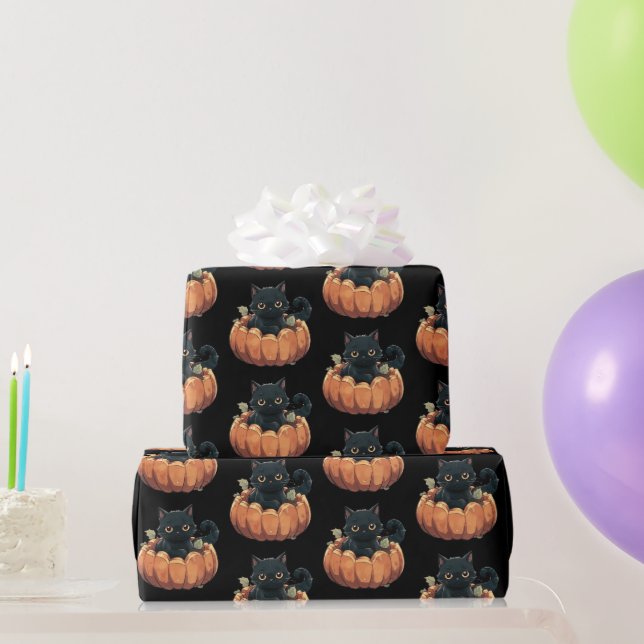 Cute Black Cat in a Pumpkin Pattern Halloween Wrapping Paper (Party Gifts)