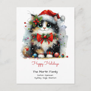 Cute Black Cat in a Santa Cap Happy Holidays Red Postcard