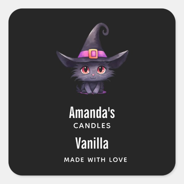 Cute Black Cat in a Witch's Hat Candle Business Square Sticker (Front)