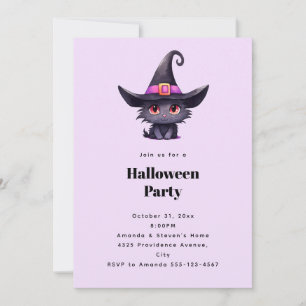 Cute Black Cat in a Witch's Hat Halloween Party Invitation
