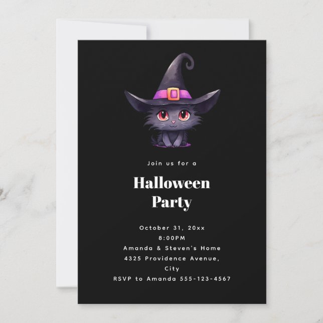 Cute Black Cat in a Witch's Hat Halloween Party Invitation (Front)