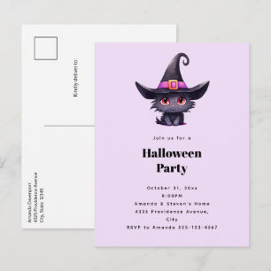 Cute Black Cat in a Witch's Hat Halloween Party Invitation Postcard
