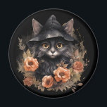 Cute Black Cat in a Witch's Hat Magnet<br><div class="desc">A magnet with a cute illustration. A black long-haired cat wearing a black witch's hat. It's ears poking out. Surrounded by orange and brown autumn flowers. Perfect for cat lovers.</div>