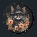 Cute Black Cat in a Witch's Hat Magnet<br><div class="desc">A magnet with a cute illustration. A black long-haired cat wearing a black witch's hat. It's ears poking out. Surrounded by orange and brown autumn flowers. Perfect for cat lovers.</div>
