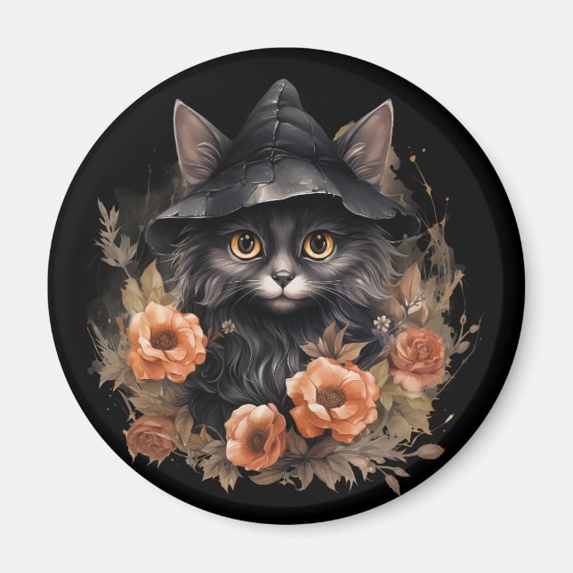 Cute Black Cat in a Witch's Hat Magnet (Front)
