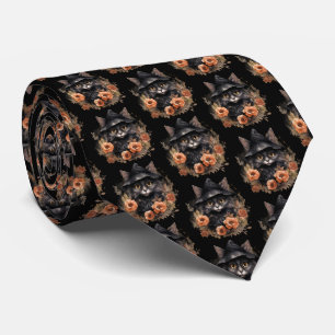 Cute Black Cat in a Witch's Hat Pattern Tie