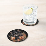 Cute Black Cat in a Witch's Hat Round Paper Coaster<br><div class="desc">Paper coasters with a cute illustration. A black long-haired cat wearing a black witch's hat. It's ears poking out. Surrounded by orange and brown autumn flowers. Perfect for cat lovers.</div>