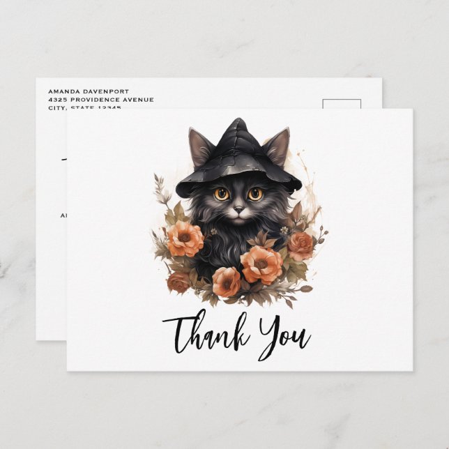 Cute Black Cat in a Witch's Hat Thank You Postcard (Front/Back)