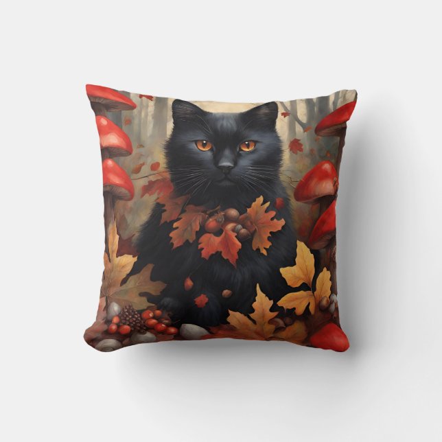 Cute Black Cat in Autumn Forest Cushion (Front)