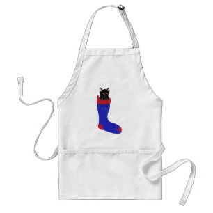 Cute Black Cat in Blue Christmas Stocking Aprons