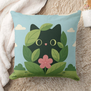 Cute Black Cat in Foliage Digital Art Aesthetic Cushion