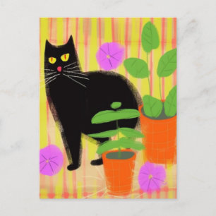 Cute Black Cat in Houseplants Postcard