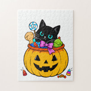 Cute Black Cat in Jack-O'-Lantern Pumpkin Hallowee Jigsaw Puzzle