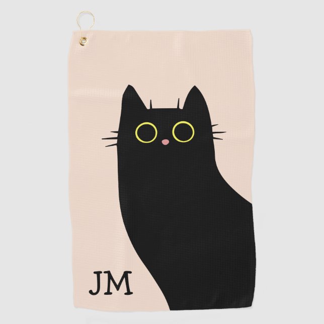 Cute black cat in Mid Century style Golf Towel (Front)