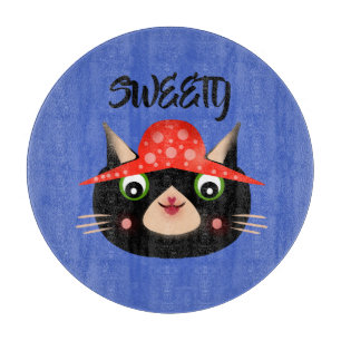 Cute Black Cat in Mushroom Hat Whimsical Cutting Board