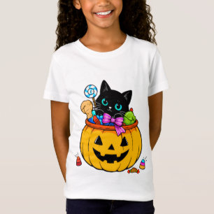 Cute Black Cat in Pumpkin Bucket Halloween Candy D T-Shirt