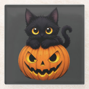 Cute Black Cat in Pumpkin Halloween Glass Coaster