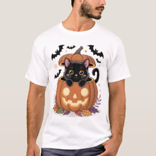 Cute Black Cat in Pumpkin Halloween Illustration T-Shirt
