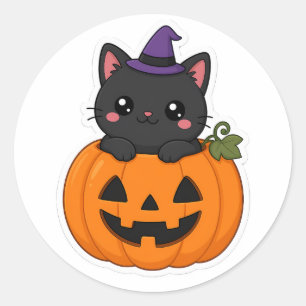 Cute Black Cat in Pumpkin Witch Hat Halloween Classic Round Sticker