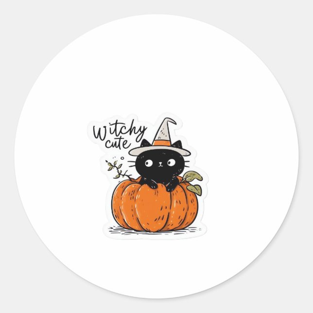 Cute black cat in pumpkin with witch hat Classic T Classic Round Sticker (Front)