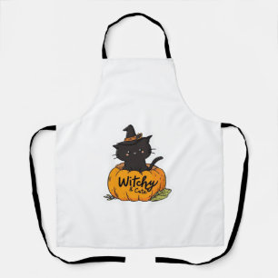 Cute black cat in pumpkin with witch hat, kawaii s apron