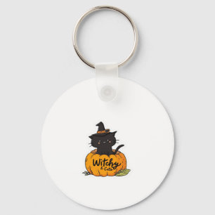 Cute black cat in pumpkin with witch hat, kawaii s key ring