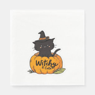 Cute black cat in pumpkin with witch hat, kawaii s napkin