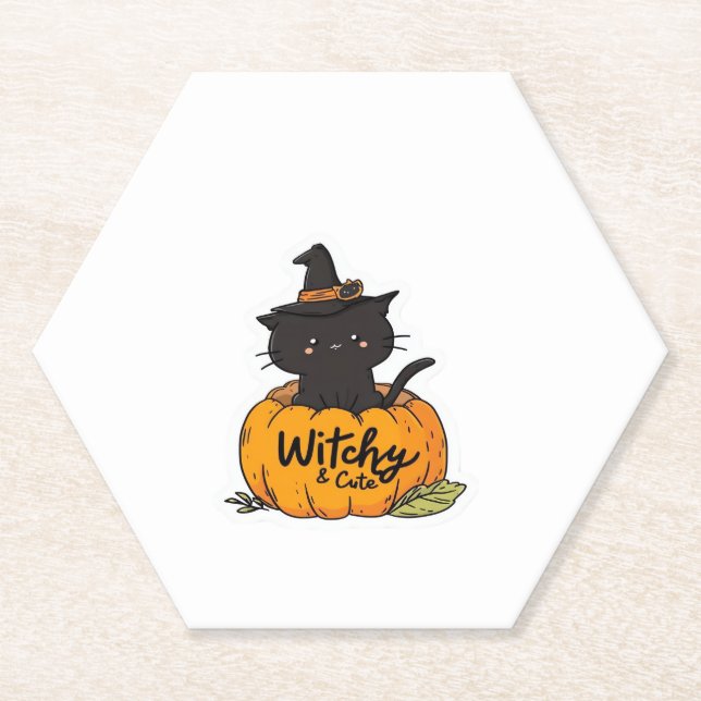 Cute black cat in pumpkin with witch hat, kawaii s paper coaster (Front)
