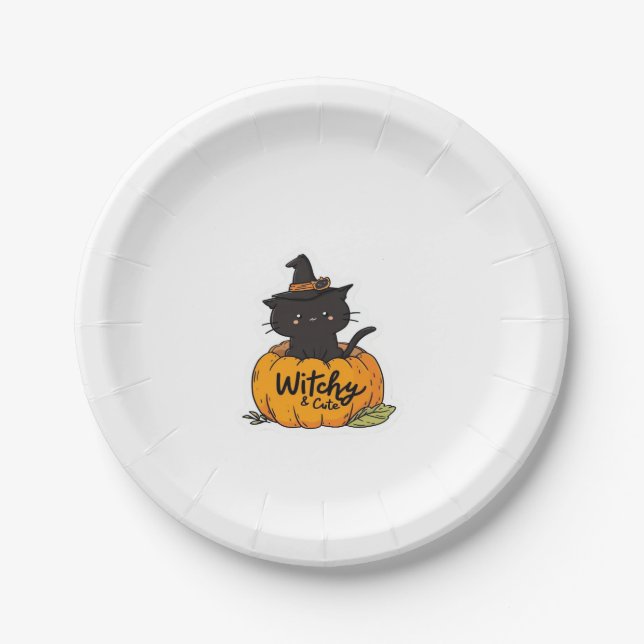 Cute black cat in pumpkin with witch hat, kawaii s paper plate (Front)