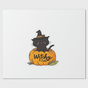 Cute black cat in pumpkin with witch hat, kawaii s wrapping paper