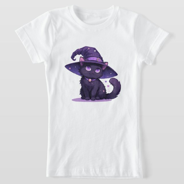 Cute Black Cat In Purple Witch Hat Magic ✨ T-Shirt (Laydown)