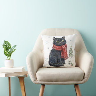 Cute Black Cat in Red Scarf Christmas Tree Winter Cushion