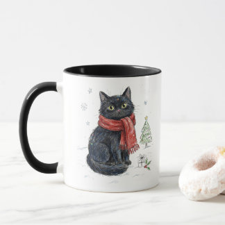 Cute Black Cat in Red Scarf Christmas Tree Winter Mug