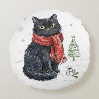 Cute Black Cat in Red Scarf Christmas Tree Winter Round Cushion