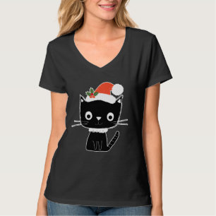 Cute Black Cat in Santa Claus Hat T-Shirt