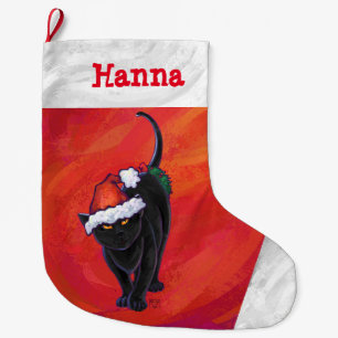 Cute Black Cat in Santa Hat on Red Large Christmas Stocking