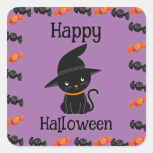 Cute Black Cat in Witch Hat Happy Halloween Purple Square Sticker
