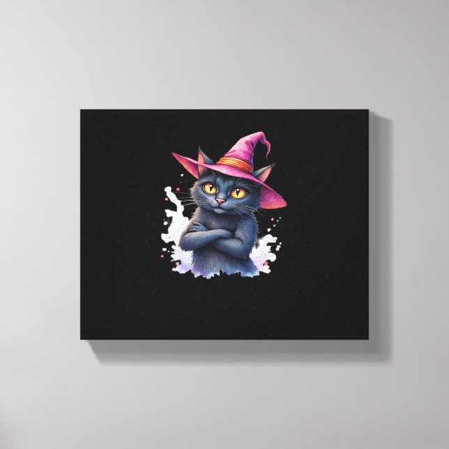 Cute Black Cat in Witch Hat – Magical Halloween Ar Canvas Print (Front)