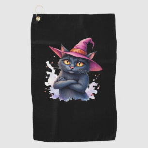 Cute Black Cat in Witch Hat – Magical Halloween Ar Golf Towel