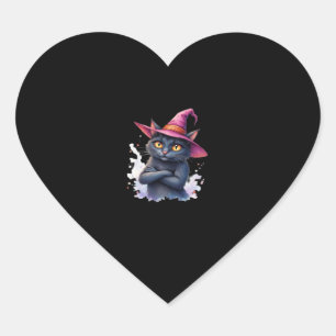 Cute Black Cat in Witch Hat – Magical Halloween Ar Heart Sticker
