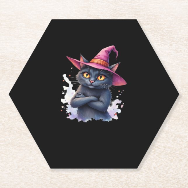 Cute Black Cat in Witch Hat � Magical Halloween Ar Paper Coaster (Front)