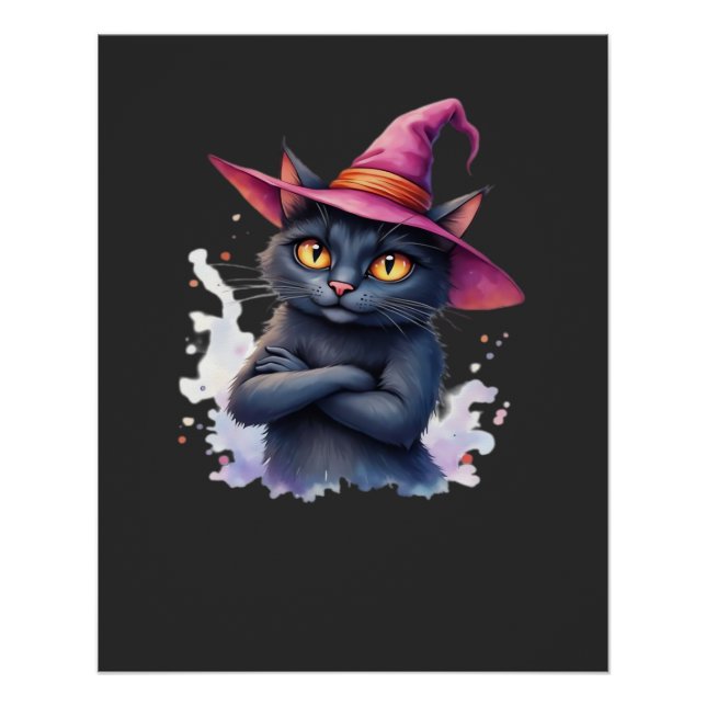 Cute Black Cat in Witch Hat � Magical Halloween Ar Poster (Front)
