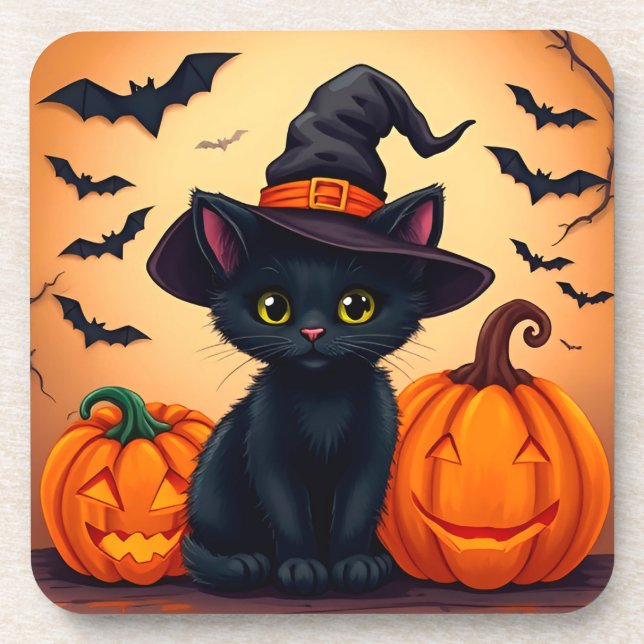 Cute Black Cat in Witch Hat Surrounded by Pumpkins Coaster (Front)