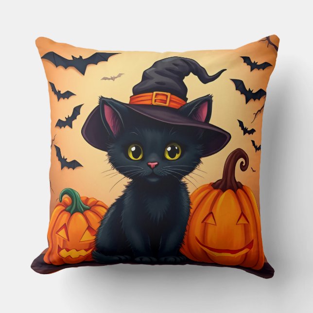 Cute Black Cat in Witch Hat Surrounded by Pumpkins Cushion (Front)