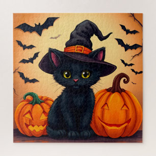Cute Black Cat in Witch Hat Surrounded by Pumpkins Jigsaw Puzzle