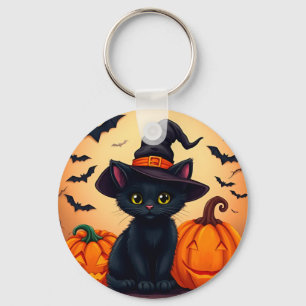 Cute Black Cat in Witch Hat Surrounded by Pumpkins Key Ring