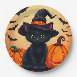 Cute Black Cat in Witch Hat Surrounded by Pumpkins Paper Plate