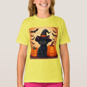 Cute Black Cat in Witch Hat Surrounded by Pumpkins T-Shirt