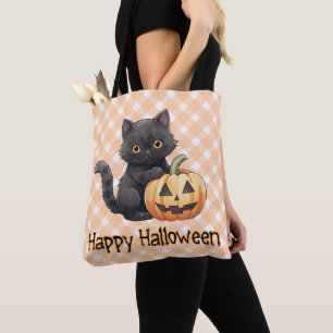 Cute Black Cat & Jack-O' Lantern Happy Halloween Tote Bag